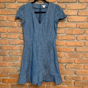 J. Crew Chambray Dress Womens 2 Blue V-Neck Short Sleeve Tie‎ Detail Casual Mini